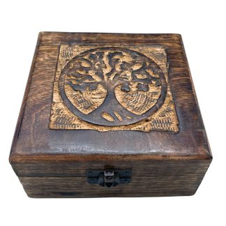 Quadratische Holzbox – Lebensbaum, 13 × 13 × 6 cm