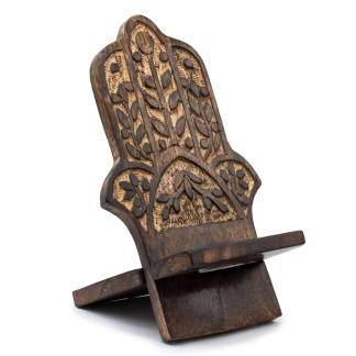 Geschnitzter Handyhalter aus Holz – Hamsa