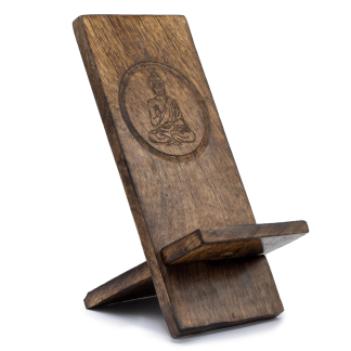 Geschnitzter Handyhalter aus Holz – Buddha