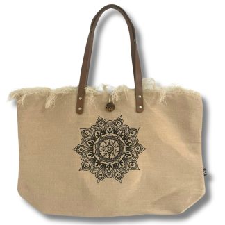 Natur-Tote-Bag mit Ledergriffen – Blume des Lebens