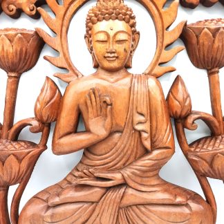 Geschnitztes Wandpaneel aus Suarholz – Buddha und Lotus, 40 cm
