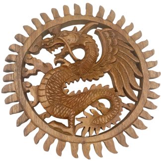 Geschnitzte Wanddekoration aus Suarholz – Geflügelter Sonnendrache, 30 cm